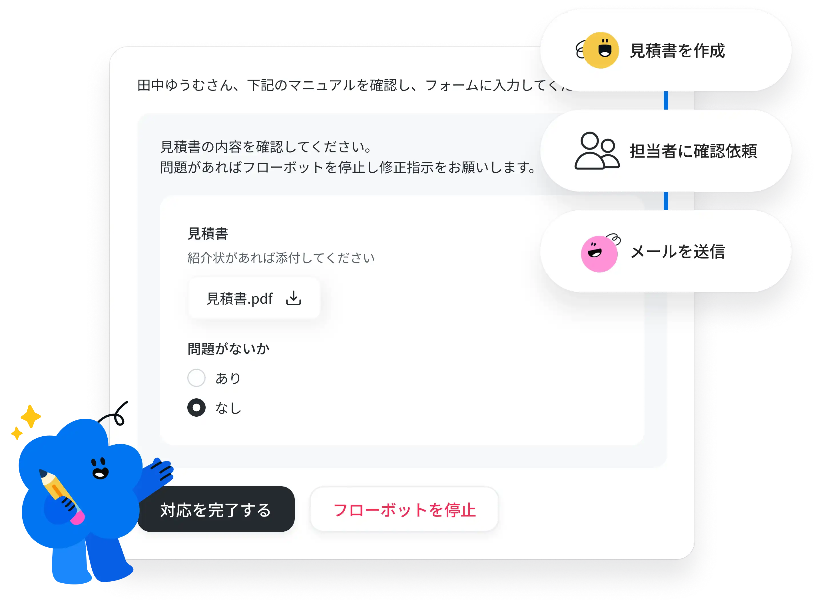人の確認や判断も、<br>フローの一部に